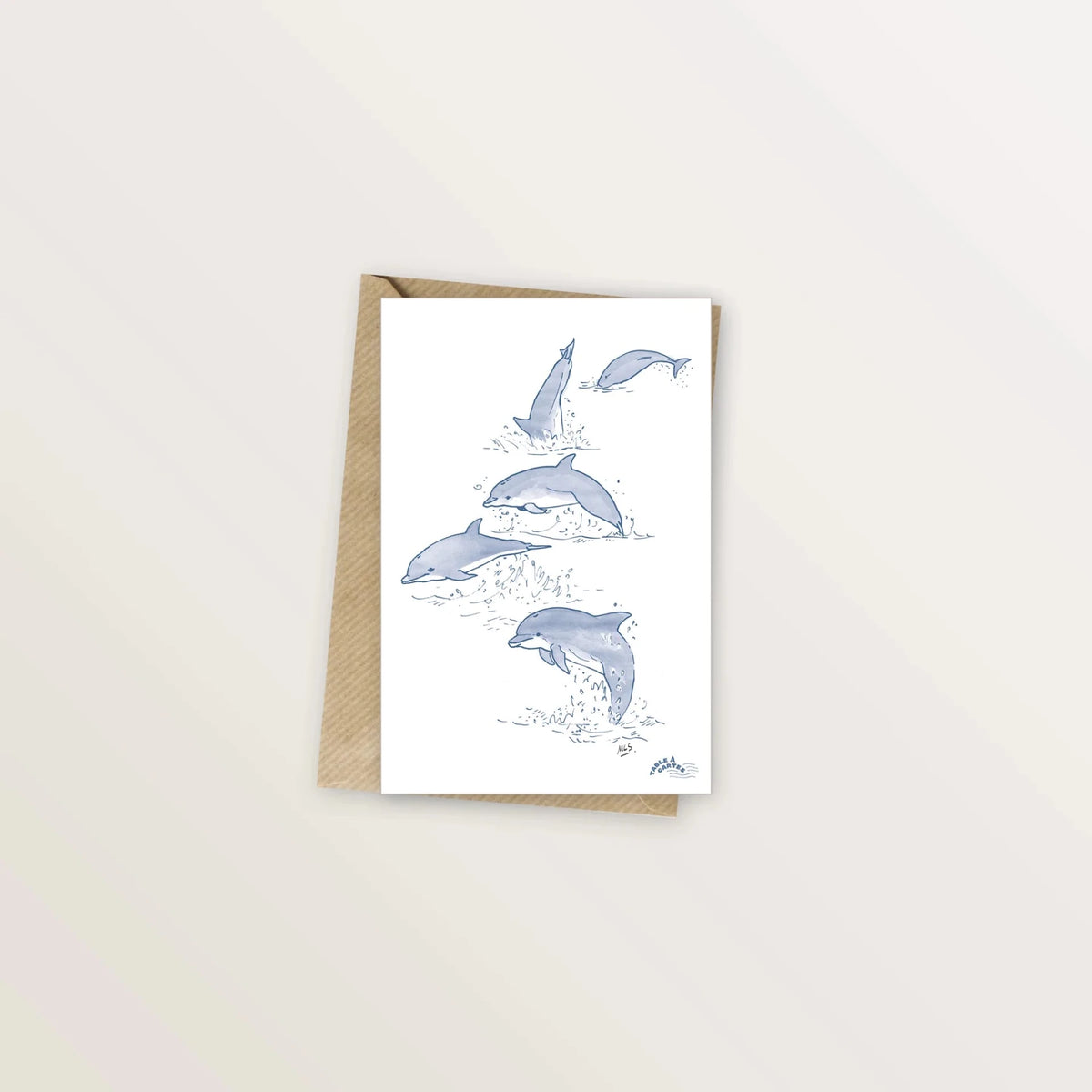 Carte postale : dauphins sautant hors de l'eau, dessin à l'encre bleue