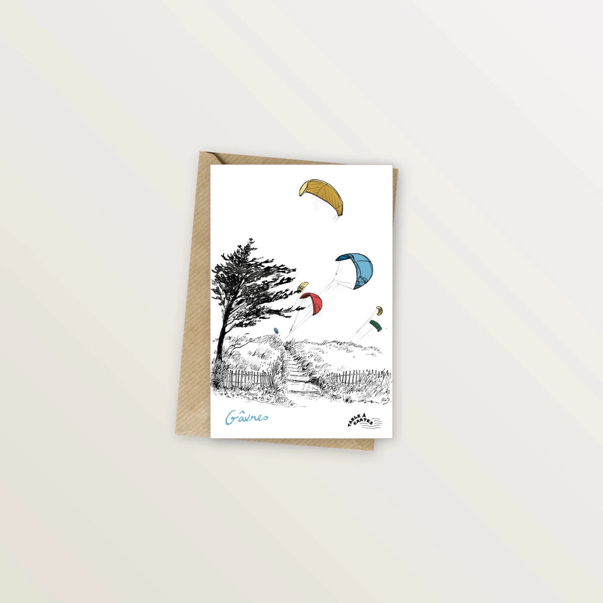 Carte postale Gâvres : kitesurfs colorés au-dessus des dunes et d'un pin tordu par le vent