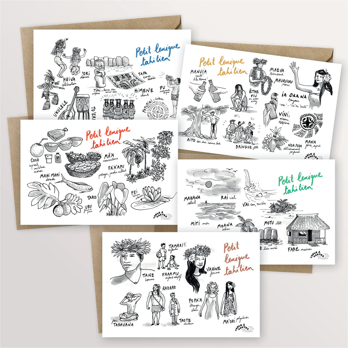 5 cartes postales en langue tahitienne, Table à cartes