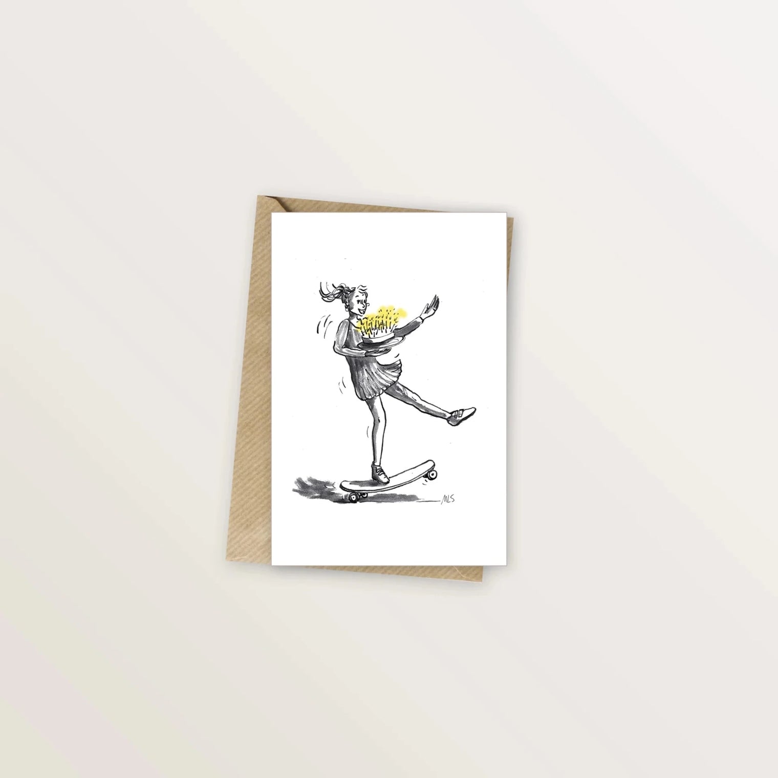 Carte d'anniversaire illustrée - Livraison du gâteau en skateboard