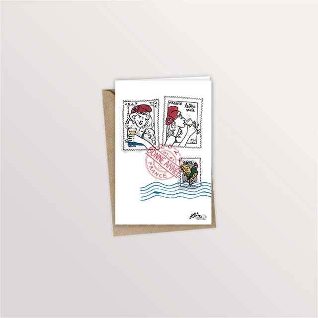 Carte de vœux « Timbres du nouvel an » : timbres illustrés et tampon postal de bonne année