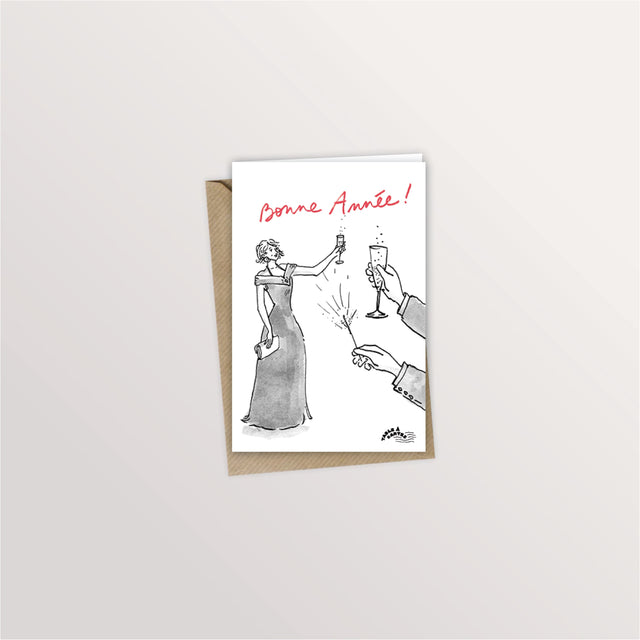 Carte de vœux « Champagne » : couple élégant levant sa coupe, « Bonne année ! »