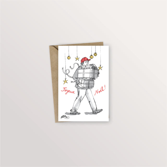 Carte postale « Paquets de Noël » : personnage chargé d'une pile de cadeaux, « Joyeux Noël ! »
