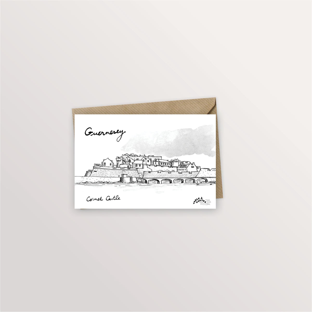 Carte postale Guernesey : Castle Cornet et sa jetée à Saint-Pierre-Port, dessin à l'encre