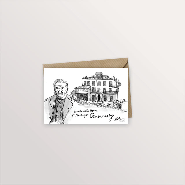 Carte postale Guernesey : Victor Hugo devant Hauteville House, dessin à l'encre avec enveloppe kraft