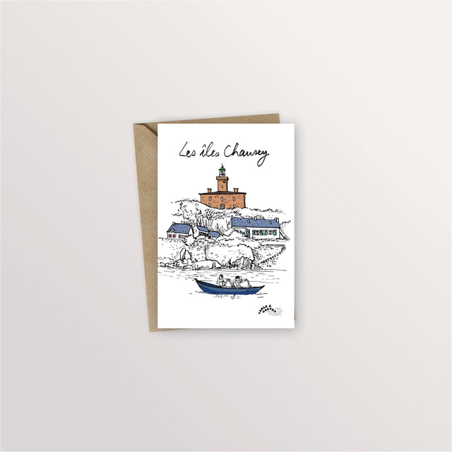 Carte postale îles Chausey : le phare de la Grande Île et une barque bleue, dessin à l'encre et couleurs
