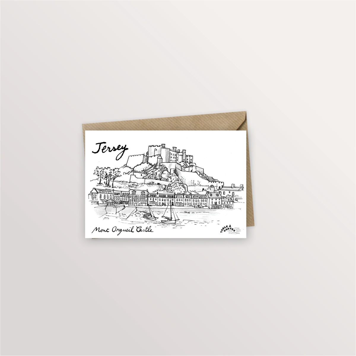 Carte postale Jersey : le château de Mont Orgueil dominant le port de Gorey, dessin à l'encre