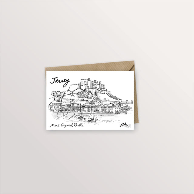 Carte postale Jersey : le château de Mont Orgueil dominant le port de Gorey, dessin à l'encre