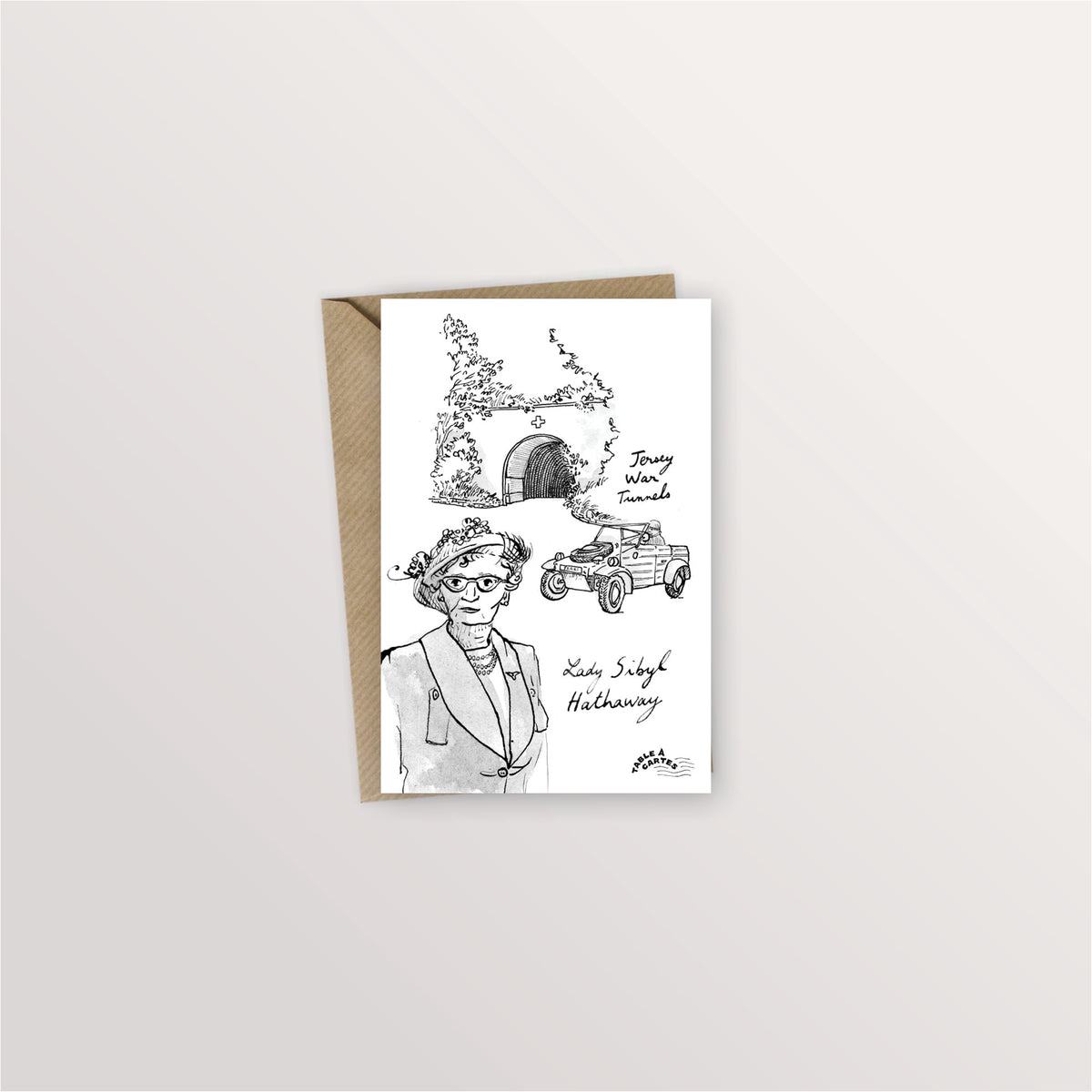 Carte postale Anglo-Normandes : portrait de Lady Sibyl Hathaway, Jersey War Tunnels et voiture ancienne