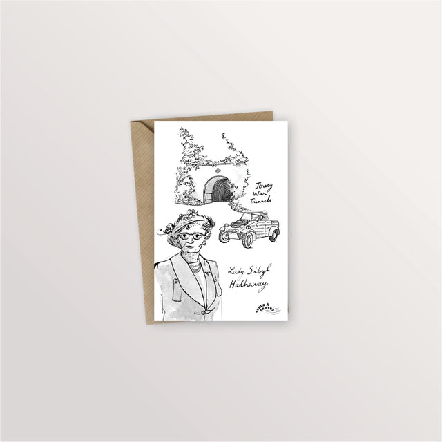 Carte postale Anglo-Normandes : portrait de Lady Sibyl Hathaway, Jersey War Tunnels et voiture ancienne