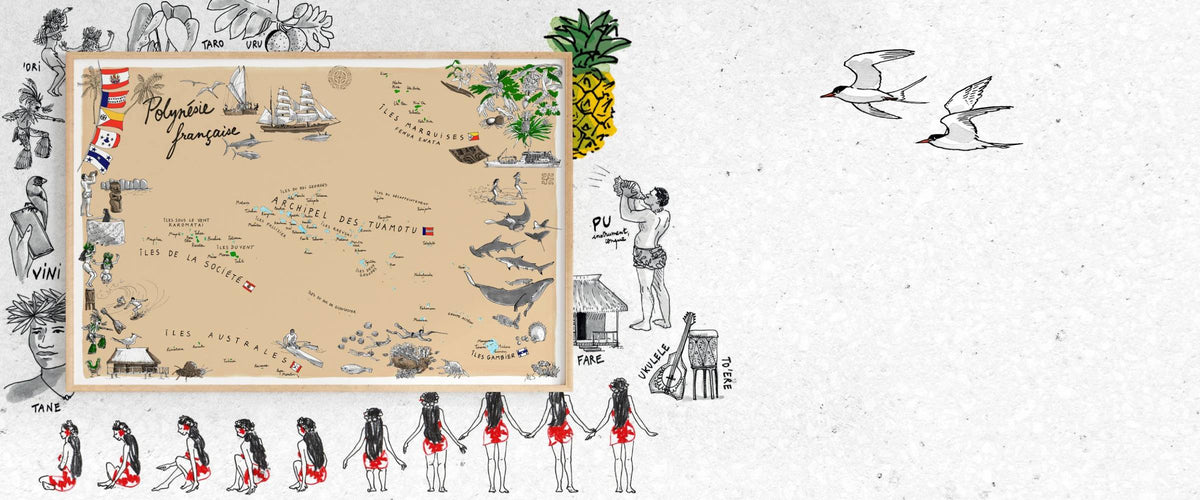 Affiche Polynésie française encadrée, entourée de dessins de mots tahitiens