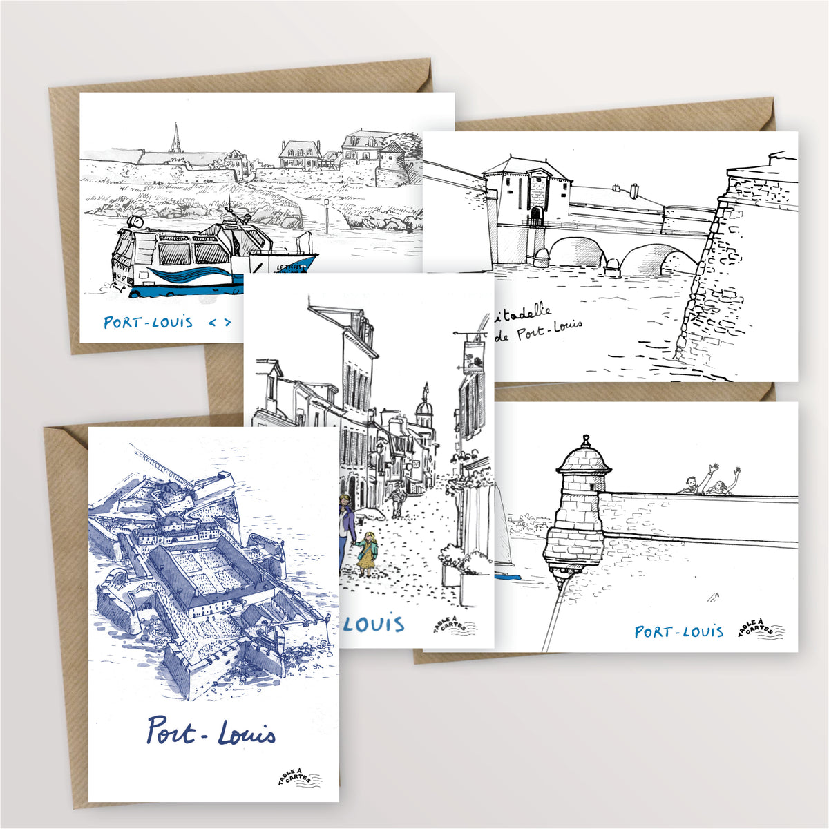Lot de 5 cartes postales de Port-Louis : citadelle, échauguette, entrée de la citadelle, ruelles et passeur vers Gâvres