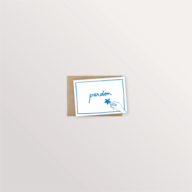 Mini-carte « Pardon » calligraphiée en bleu avec une petite étoile, avec enveloppe kraft