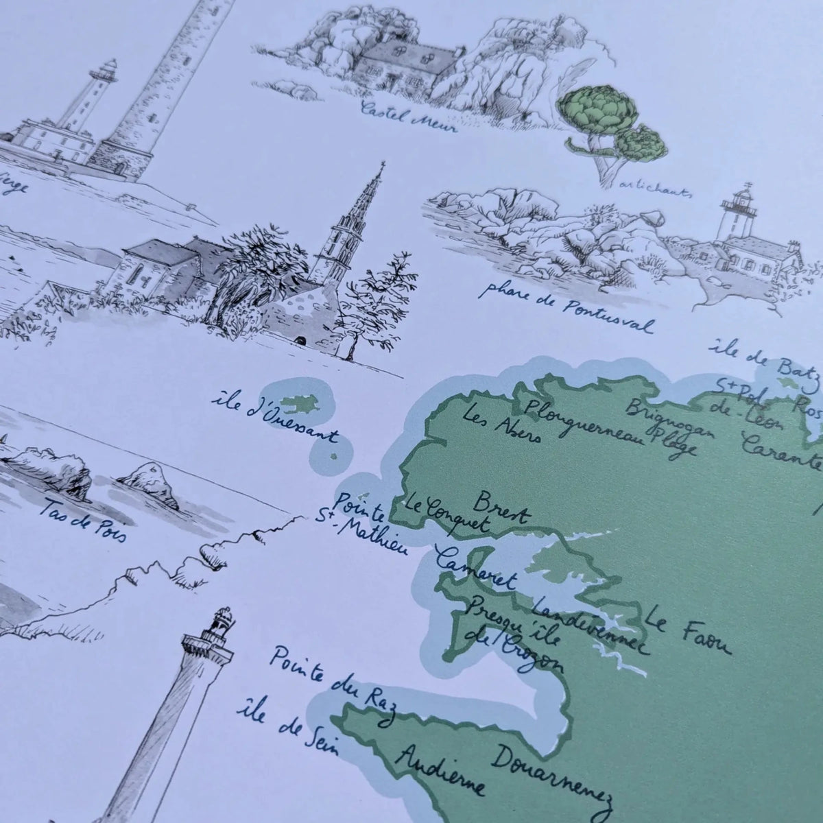 Détail de l'affiche GR34 : côte du Finistère, Douarnenez et pointe du Raz dessinées à l'encre