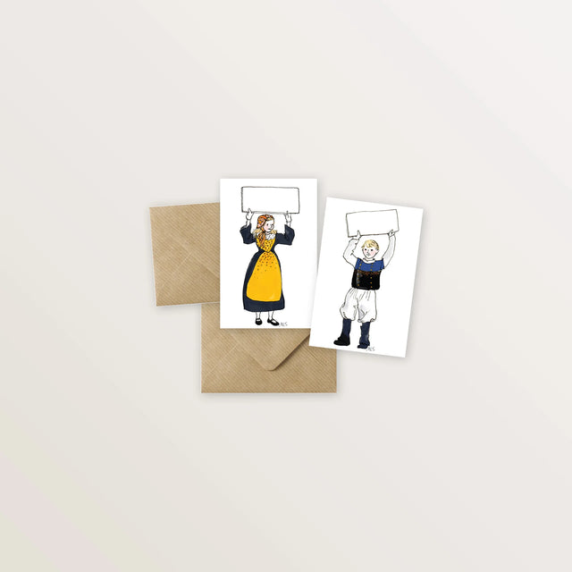 Lot de 2 mini-cartes breton-bretonne : Bretonne et Breton en costume tenant une pancarte vierge
