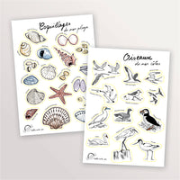 2 planches de stickers A5 : Oiseaux et Coquillages