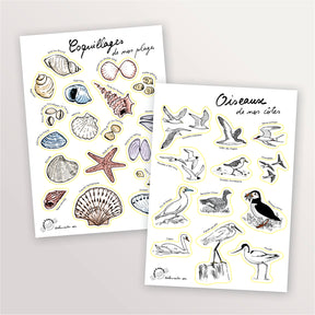 2 planches de stickers A5 : Oiseaux et Coquillages