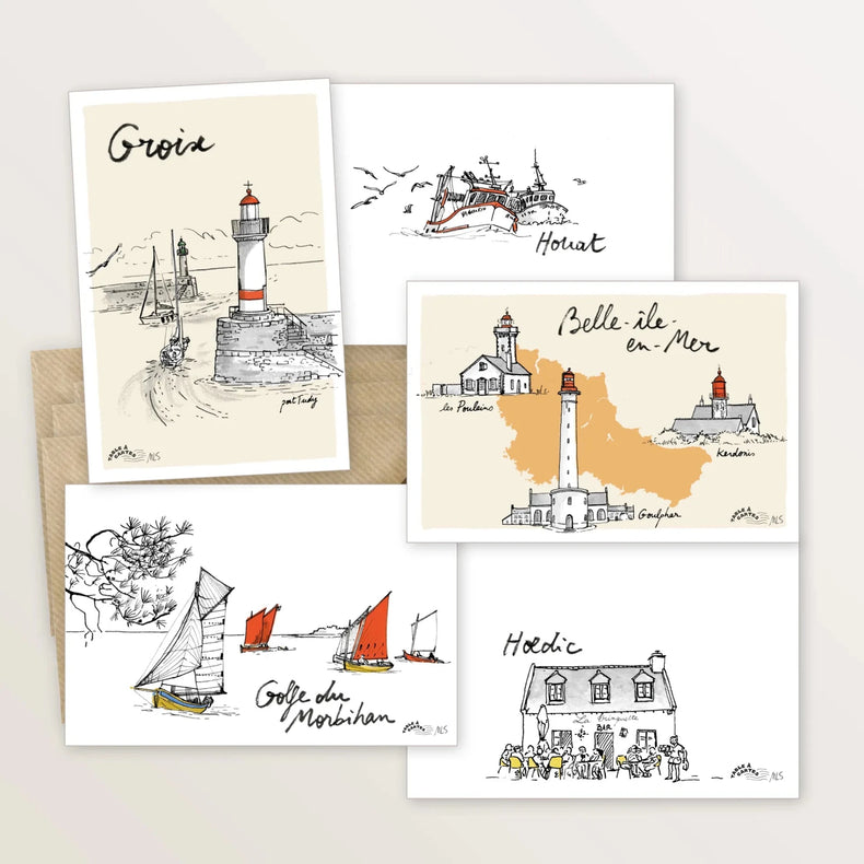 5 cartes postales : croisière dans le Morbihan - Table à cartes