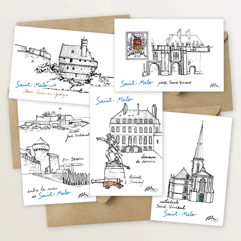 5 cartes postales : le tour de Saint-Malo intramuros - Table à cartes