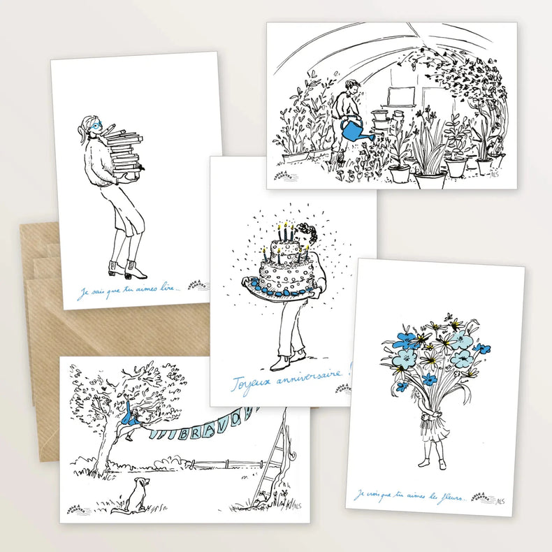 5 cartes postales : Les mots bleus - Table à cartes