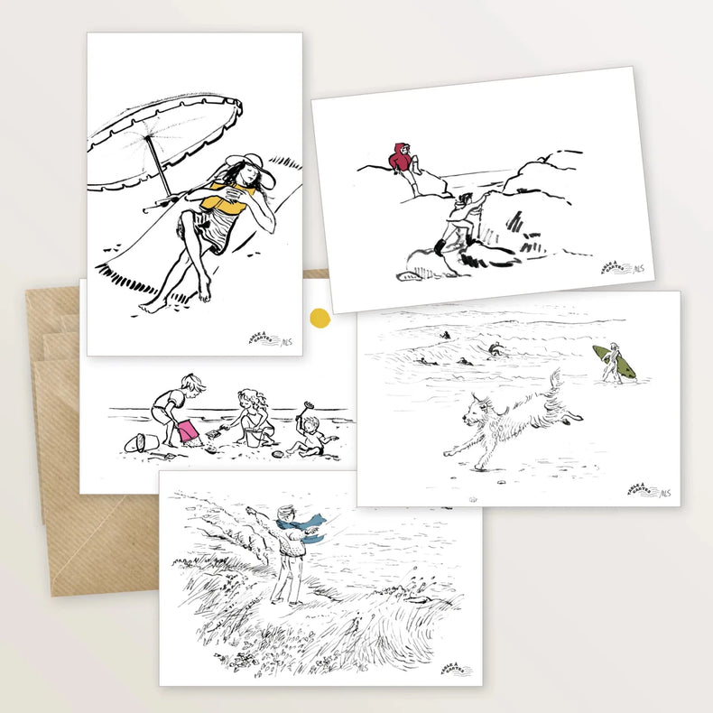 5 cartes postales : Vacances en bord de mer - Table à cartes