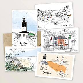 5 cartes postales : virée à Groix - Table à cartes