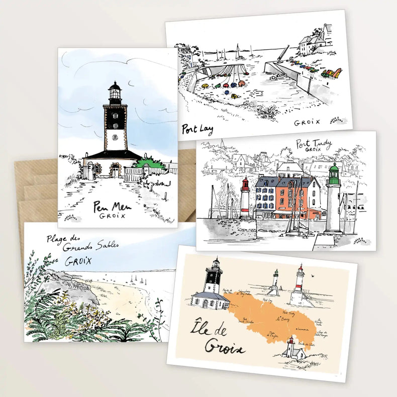 5 cartes postales : virée à Groix - Table à cartes