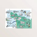 Affiche « Pointe de La Hague » 40 x 30 cm : carte verte illustrée de phares, villages, falaises et moutons