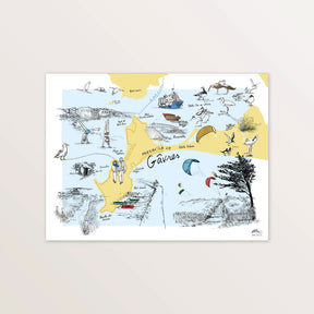 Affiche « La presqu'île de Gâvres » 40 x 30 cm : carte jaune et bleue illustrée de kitesurfs, oiseaux et bateaux