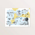 Affiche « La presqu'île de Gâvres » 40 x 30 cm : carte jaune et bleue illustrée de kitesurfs, oiseaux et bateaux