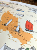 Détail de l'affiche Belle-Île-en-Mer : menhirs, voile rouge et côte sauvage sur fond orange