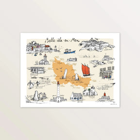 Affiche « Belle-Île-en-Mer » 40 x 30 cm : l'île en orange entourée de ports, phares et voiles rouges