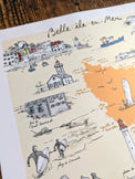 Détail de l'affiche Belle-Île-en-Mer : Le Palais, la citadelle, surfeurs et phare dessinés à l'encre