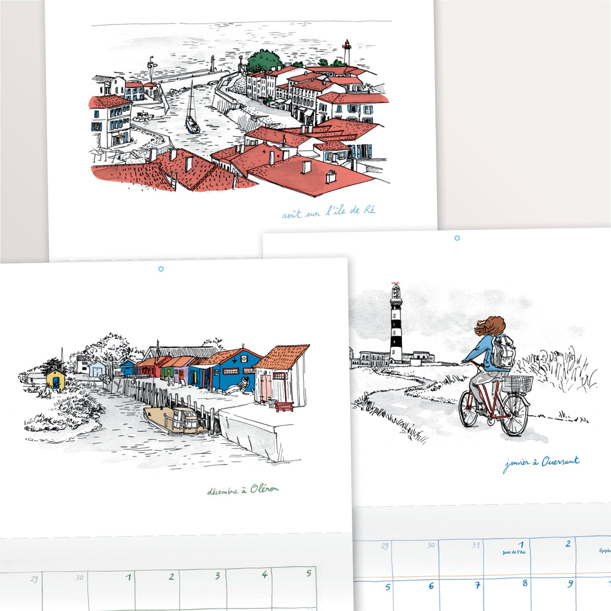 Calendrier 2027 « D'île en île » : pages illustrées de l'île d'Aix, de Oléron et d'une cycliste près d'un phare