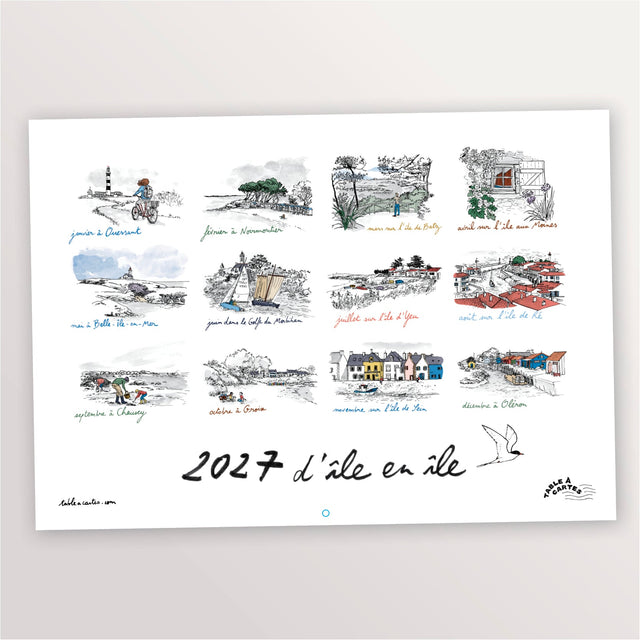 Calendrier mural 2027 « D'île en île » format A3 : les douze mois illustrés d'îles dessinées à l'encre