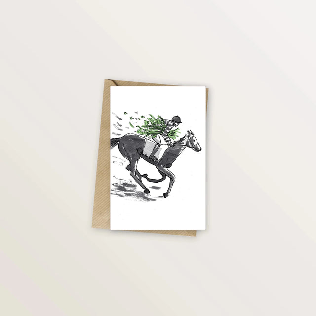 Carte d'anniversaire illustrée - Cavalier livrant un gâteau à cheval