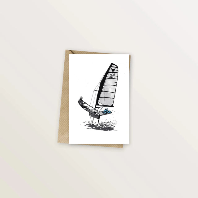 Carte d'anniversaire illustrée - Dériveur Moth volant livrant un cadeau