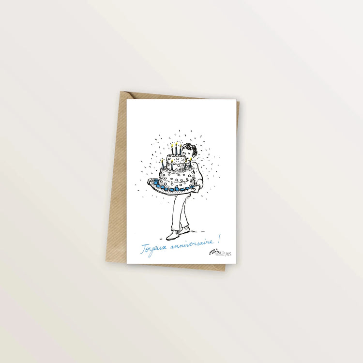 Carte d'anniversaire illustrée - Le plus gros des gâteaux, livré à bout de bras