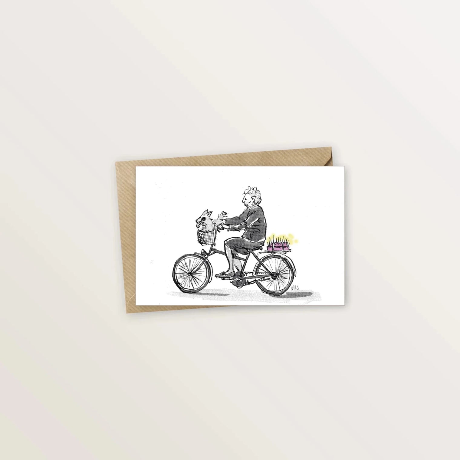 Carte d'anniversaire illustrée - Mamie à vélo livrant un gâteau