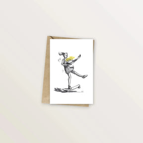 Carte d'anniversaire illustrée - Livraison du gâteau en skateboard