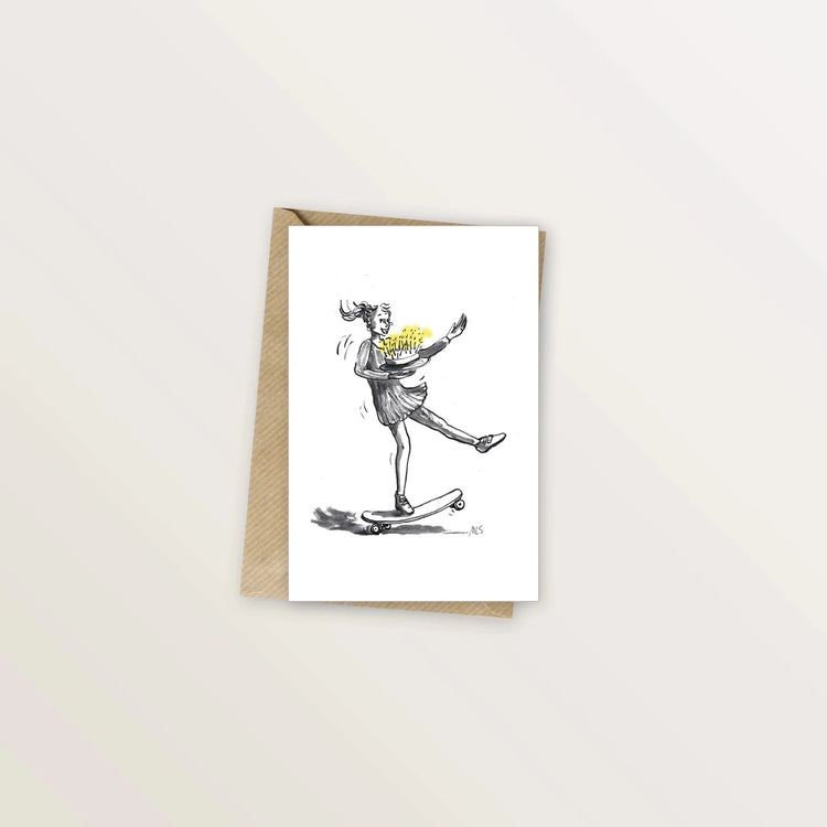 Carte d'anniversaire illustrée - Livraison du gâteau en skateboard
