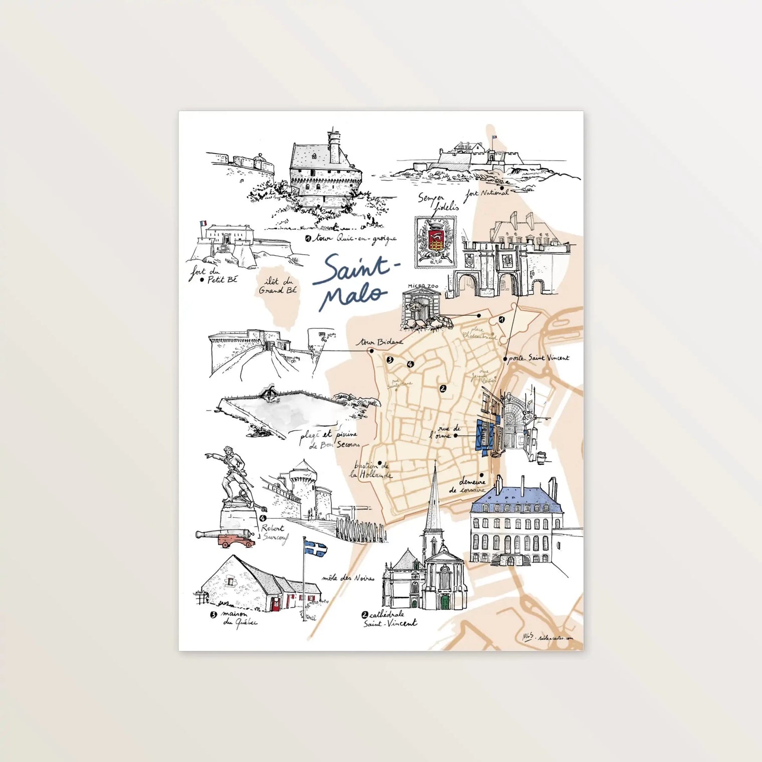 Carte de Saint-Malo intramuros - Affiche 30 x 40 cm - Table à cartes