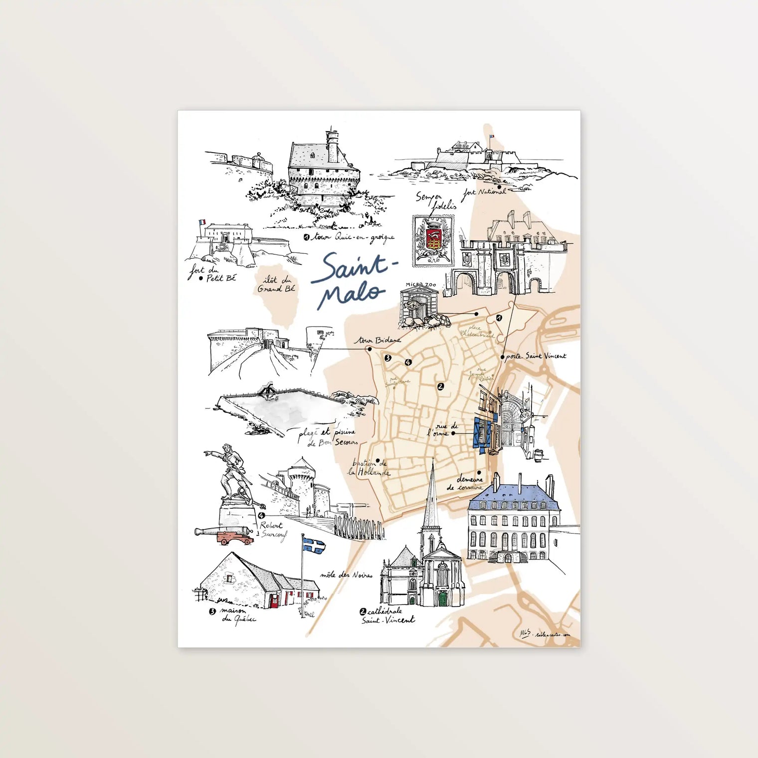 Carte de Saint-Malo intramuros - Affiche 30 x 40 cm