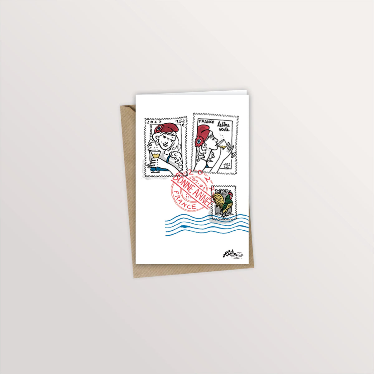 Carte de vœux « Timbres du nouvel an » : timbres illustrés et tampon postal de bonne année