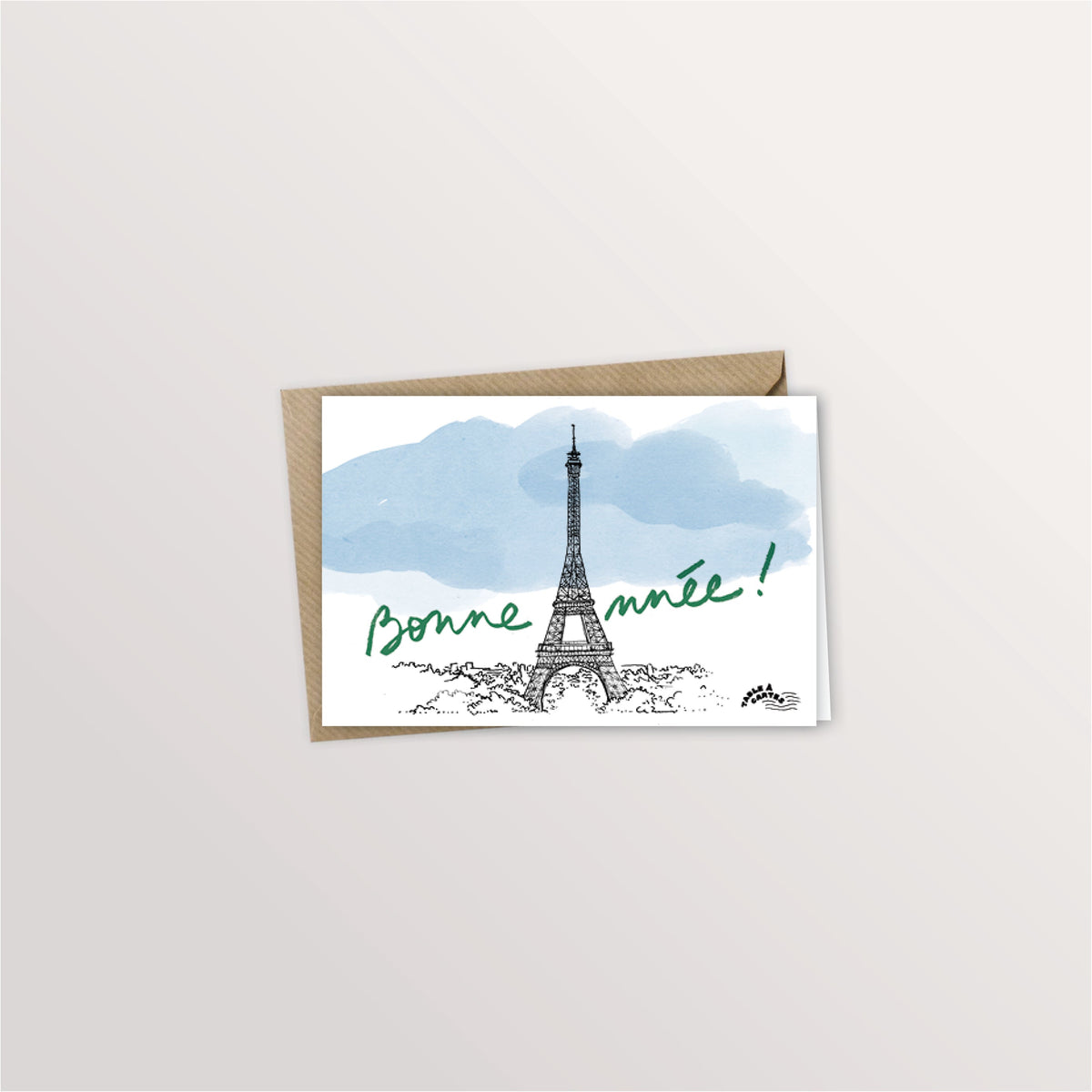 Carte de vœux « Bonne année à Paris » : la tour Eiffel sous un ciel bleu aquarellé
