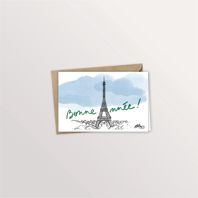 Carte de vœux « Bonne année à Paris » : la tour Eiffel sous un ciel bleu aquarellé