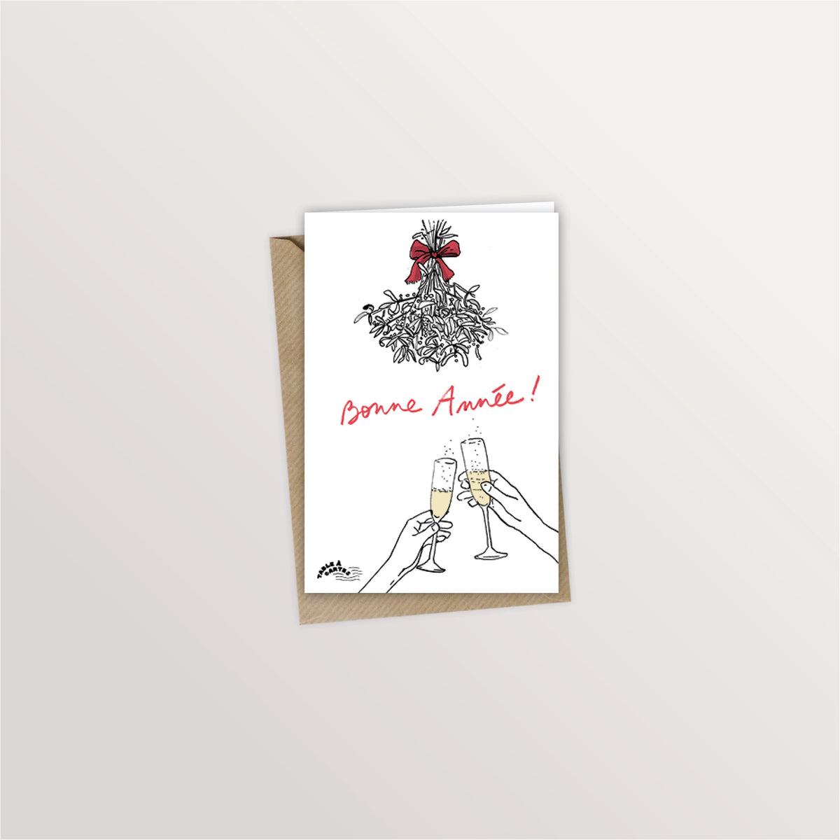 Carte de vœux « Sous le gui » : deux coupes de champagne trinquant sous le gui, « Bonne année ! »
