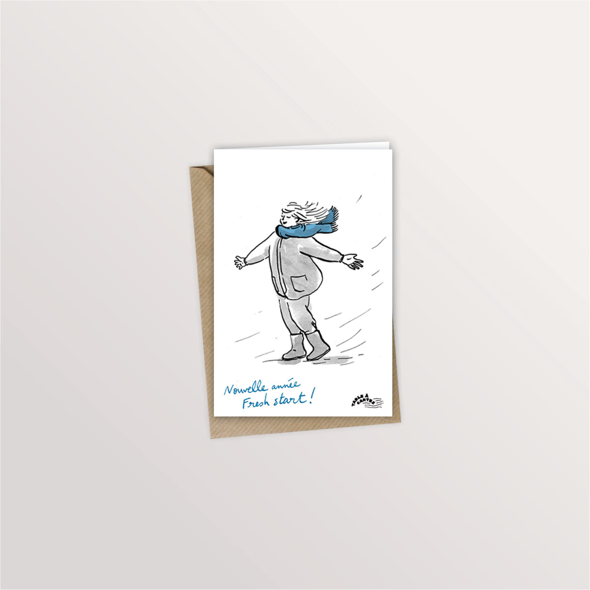Carte de vœux « Fresh start » : promeneur en écharpe bleue bravant le vent, « Nouvelle année, fresh start ! »