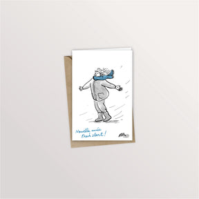 Carte de vœux « Fresh start » : promeneur en écharpe bleue bravant le vent, « Nouvelle année, fresh start ! »
