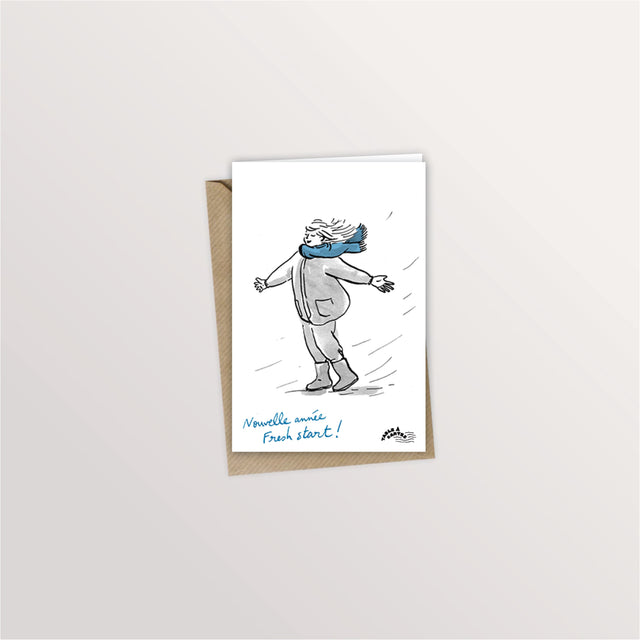 Carte de vœux « Fresh start » : promeneur en écharpe bleue bravant le vent, « Nouvelle année, fresh start ! »